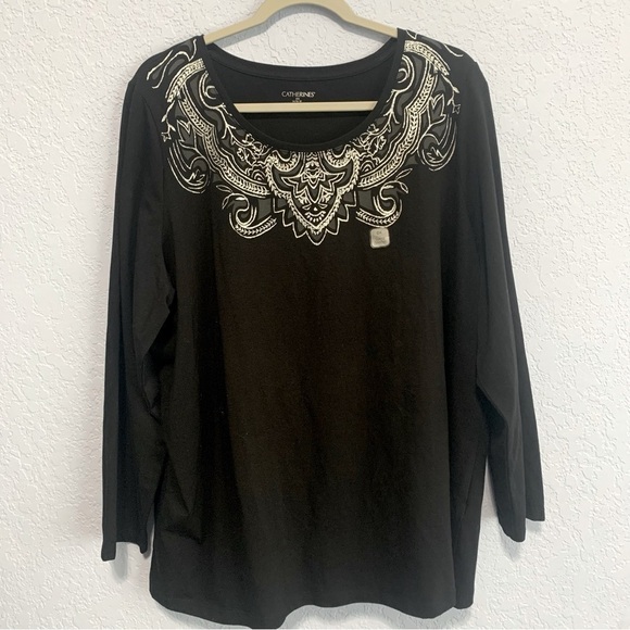 Catherines Black Floral Sparkling Long Sleeve Stretch Tee Shirt - Picture 1 of 7